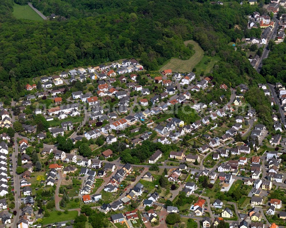 Aerial photograph Bendorf - View of the town of Bendorf in the state of Rhineland-Palatinate. The town is located in the county district of Mayen-Koblenz on the right riverbank of the river Rhine. The town is an official tourist resort and is located on the German Limes Road. It consists of the four parts Bendorf, Sayn, Muelhofen and Stromberg. The federal highway B42 takes its course through the town and meets the federal motorway A48 in the South of the town