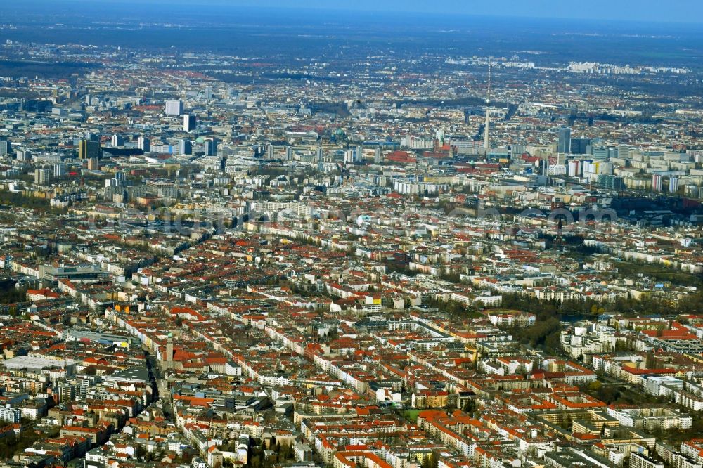 Berlin from above - Downtown area - View over the Neukoelln district with a view towards the Mitte district in the urban area in Berlin, Germany