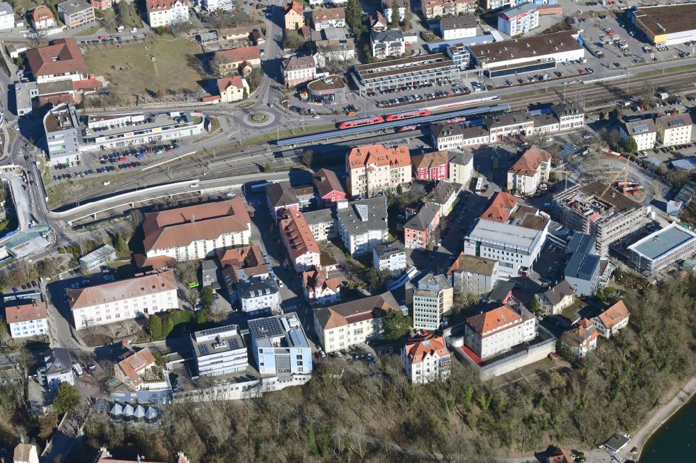 Waldshut-Tiengen from above - District Waldshut and area of Bismarck Street Close to the railway Station in in Waldshut-Tiengen in the state Baden-Wurttemberg, Germany