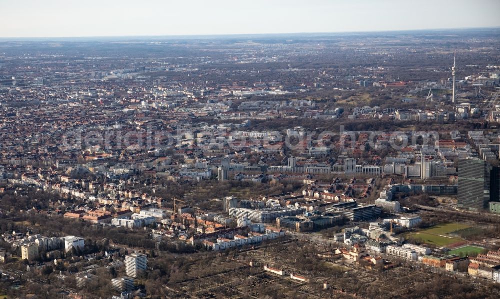 Aerial image München - City view with a view of the district Schwabing, the north cemetery, the Highlight Towers and the Olympic area in Munich in the state Bavaria, Germany