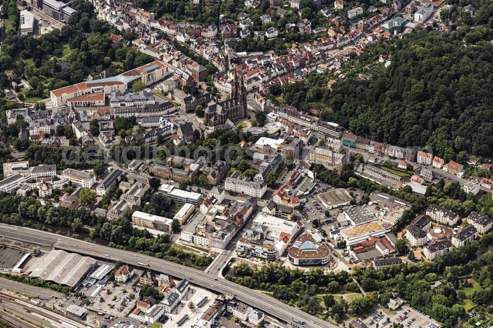 Aerial image Marburg - District with Blick auf die Universitaetsbibliothek and die Elisabethkirche in the city in Marburg in the state Hesse, Germany