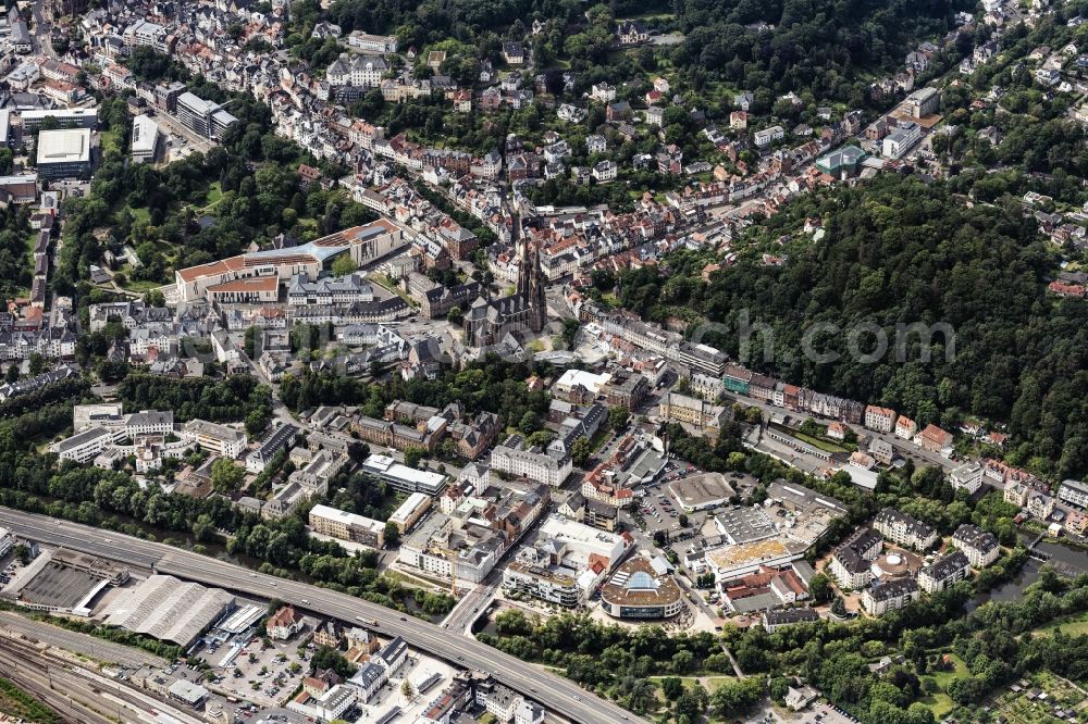 Aerial photograph Marburg - District with Blick auf die Universitaetsbibliothek and die Elisabethkirche in the city in Marburg in the state Hesse, Germany