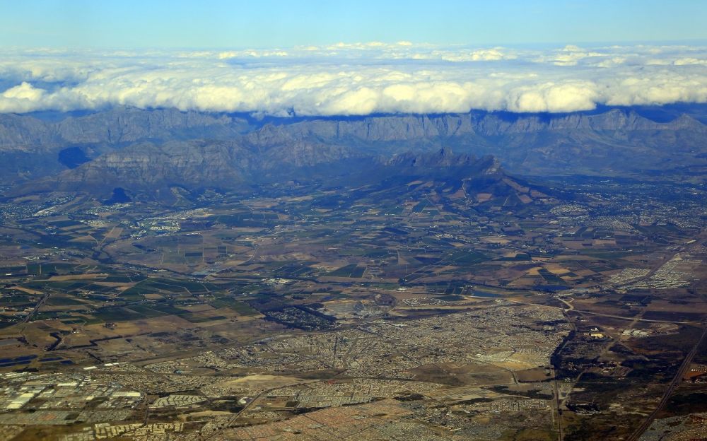Aerial photograph Kapstadt - District Blue Downs, a suburb of Cape Town at the Cape Flats in Western Cape, South Africa. In the background the vineyards around Stellenbosch and the Hottentots Holland Mountains