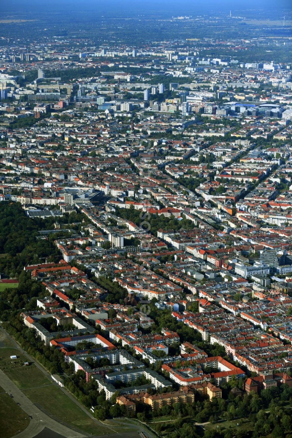 Berlin from above - District along the Hermannstrasse in the city in the district Neukoelln in Berlin, Germany