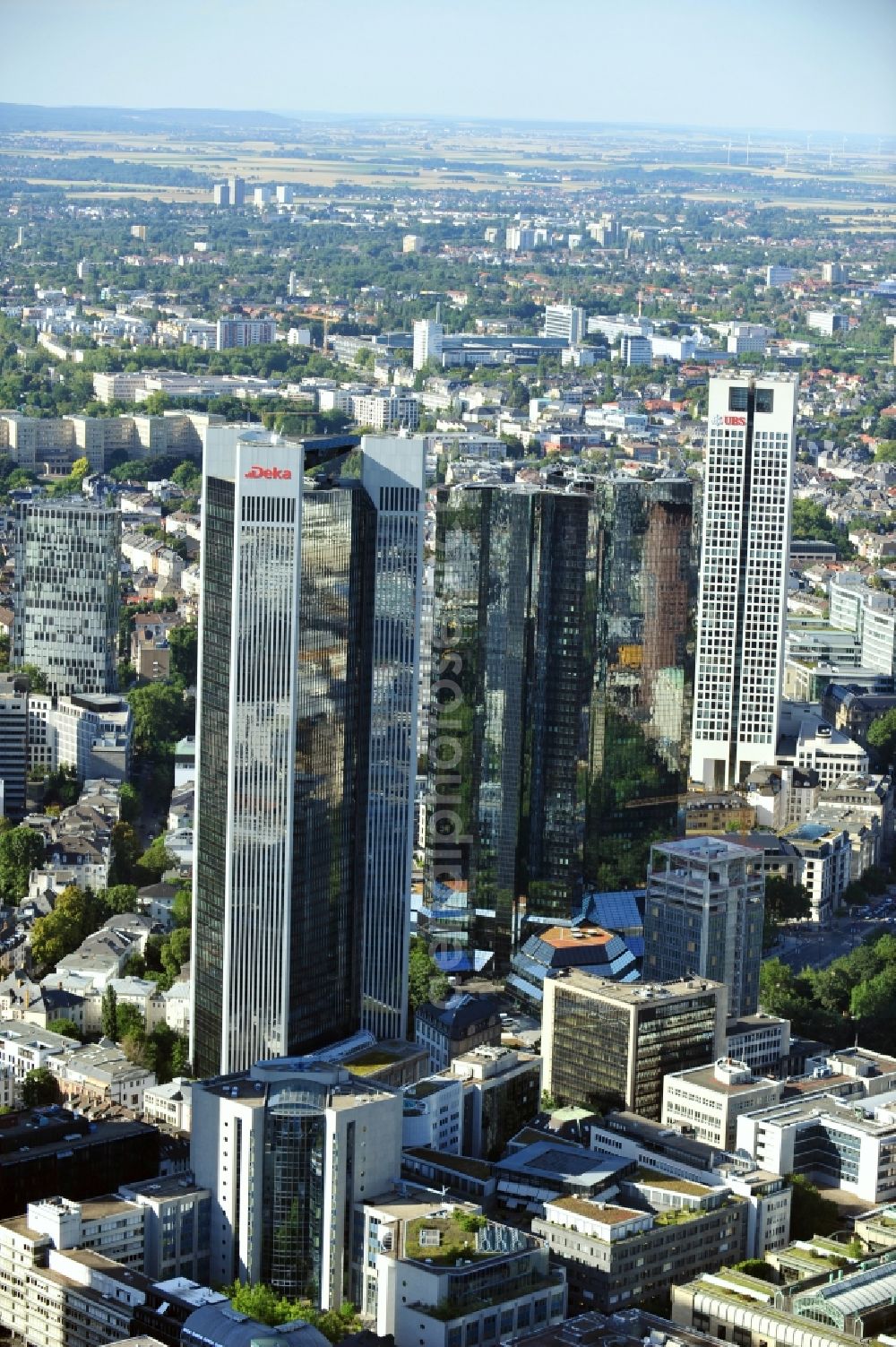 Aerial image Frankfurt am Main - View of the Frankfurt am Main skyline. The Frankfurt banking, and office center joins a list of the main metropolis in the typical high-rise European citys
