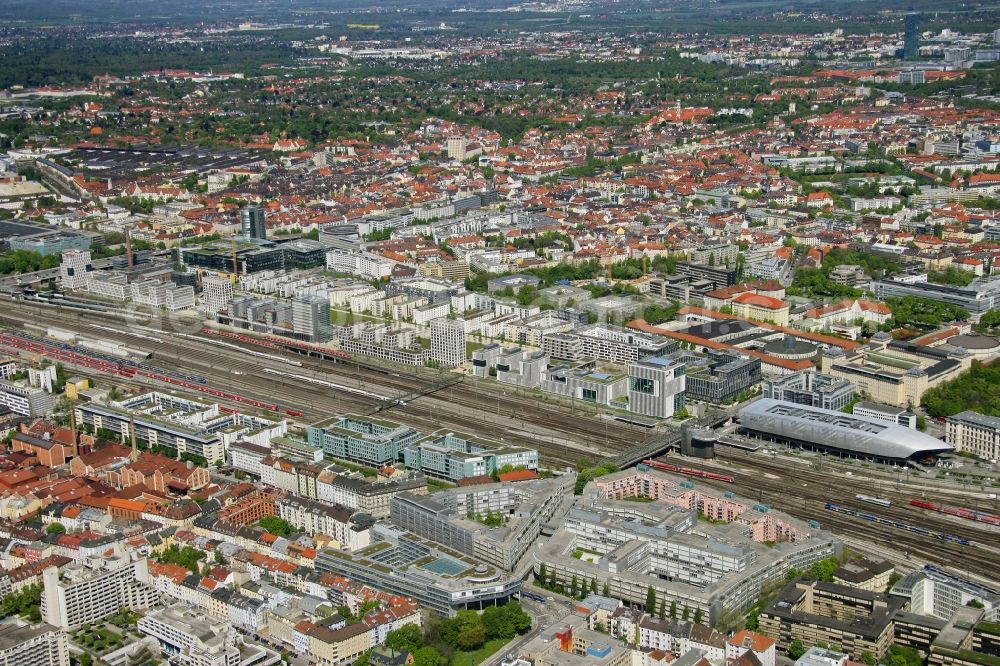 München from above - City view with a view of the route of the Deutsche Bahn and the Arnulfpark in the district Maxvorstadt in Munich in the state Bavaria, Germany
