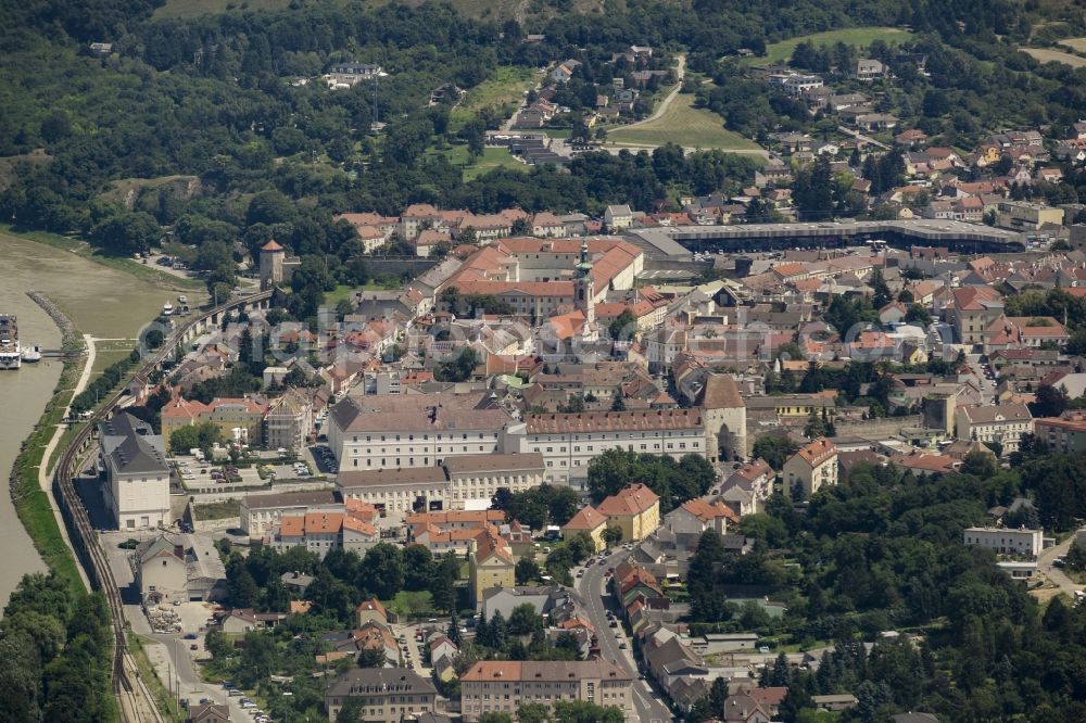 Aerial image Hainburg an der Donau - View of the historic town center of Hainburg an der Donau in Lower Austria, Austria. Hainburg is located on the riverbank of the Danube and is the Eastern most town of Austria