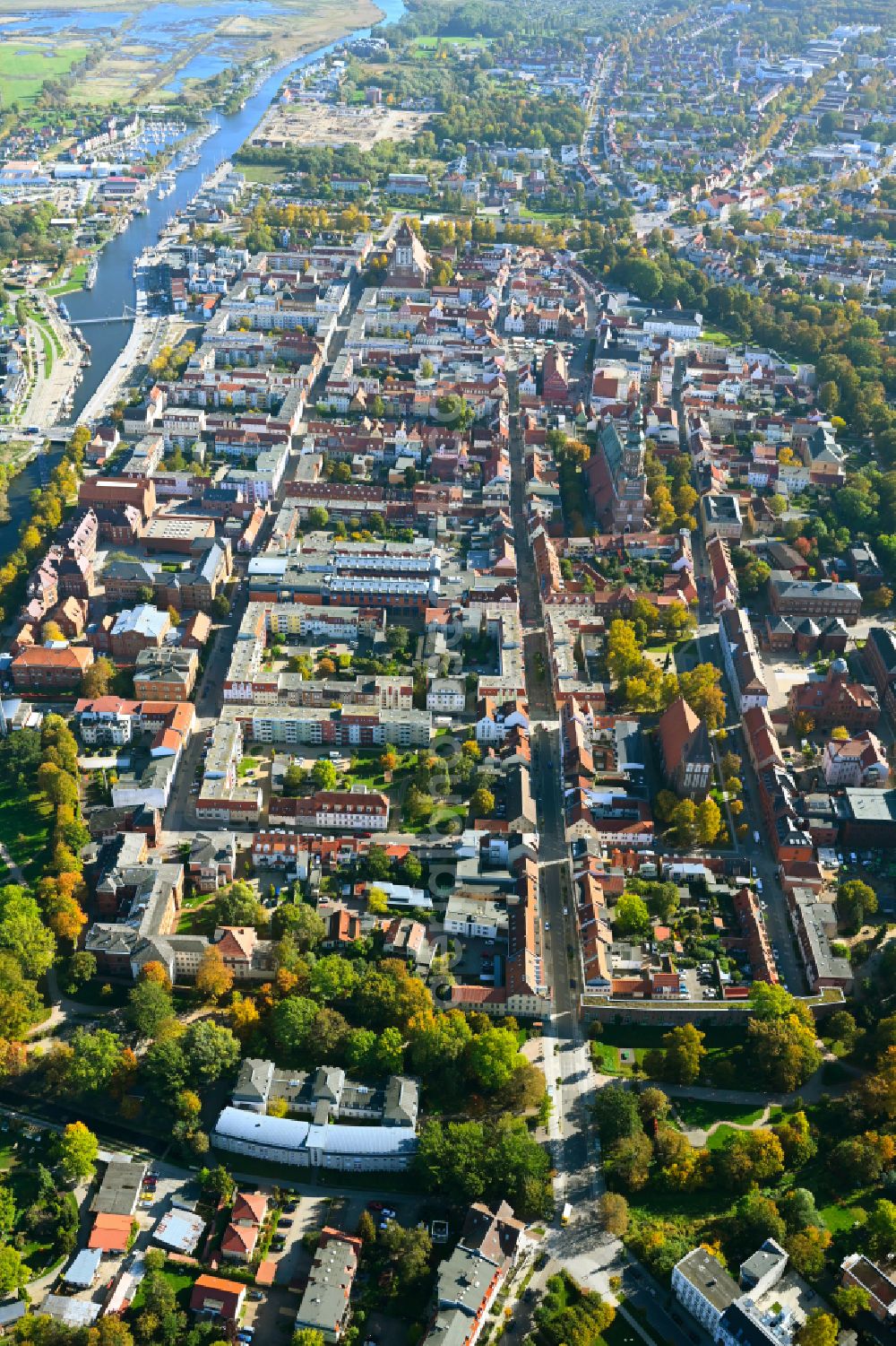 Hansestadt Greifswald from above - City view of the historic city center with Jacobi Church and Cathedral of St. Nikolai and marketplace of the Hanseatic city of Greifswald in Mecklenburg-Western Pomerania