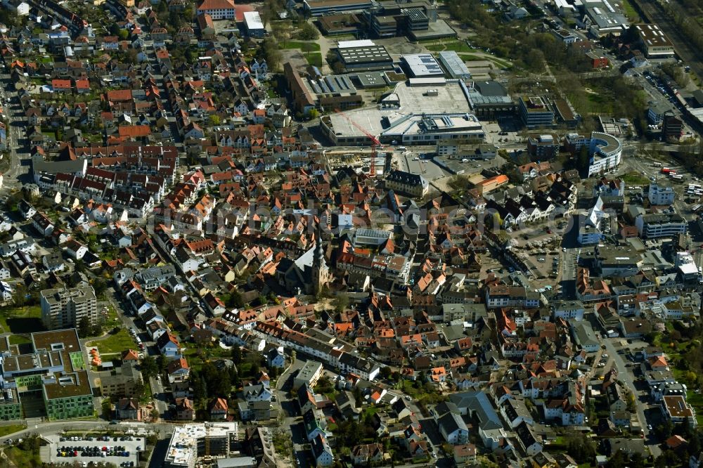 Hofheim am Taunus from the bird's eye view: City view of the inner city area of a??a??the old town with streets, houses and residential areas in Hofheim am Taunus in the state Hesse, Germany