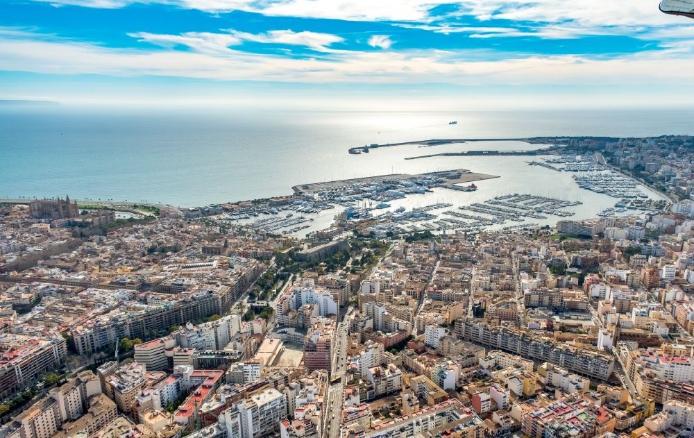 Palma from the bird's eye view: City view of the city center at the seaside coastal area with port in Palma in Balearic island Mallorca, Spain