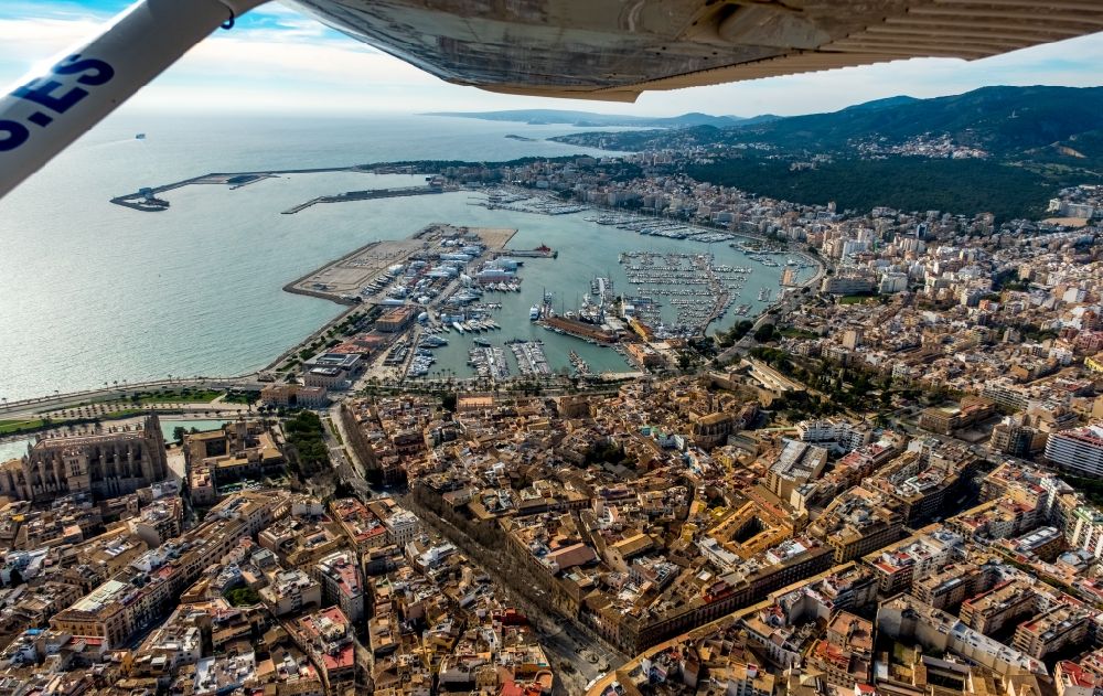 Aerial photograph Palma - City view of the city center at the seaside coastal area with port in Palma in Balearic island Mallorca, Spain