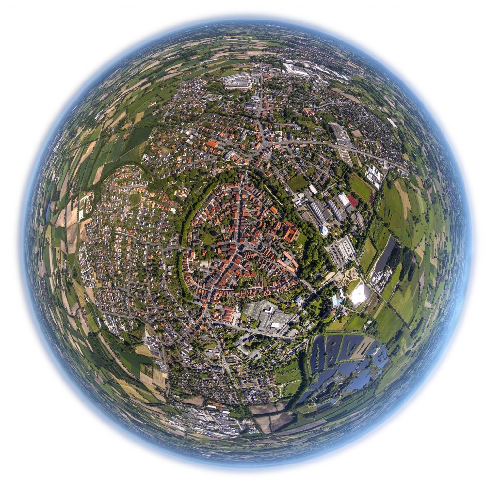 Rietberg from above - Fish eye view of the city downtown of Rietberg in the state of North Rhine-Westphalia