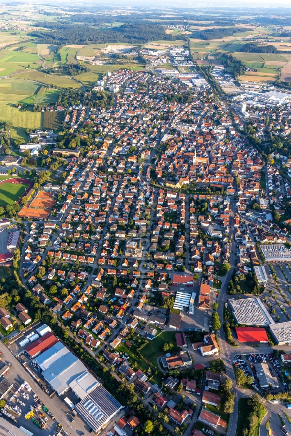 Bad Saulgau from above - City view on down town in Bad Saulgau in the state Baden-Wuerttemberg, Germany