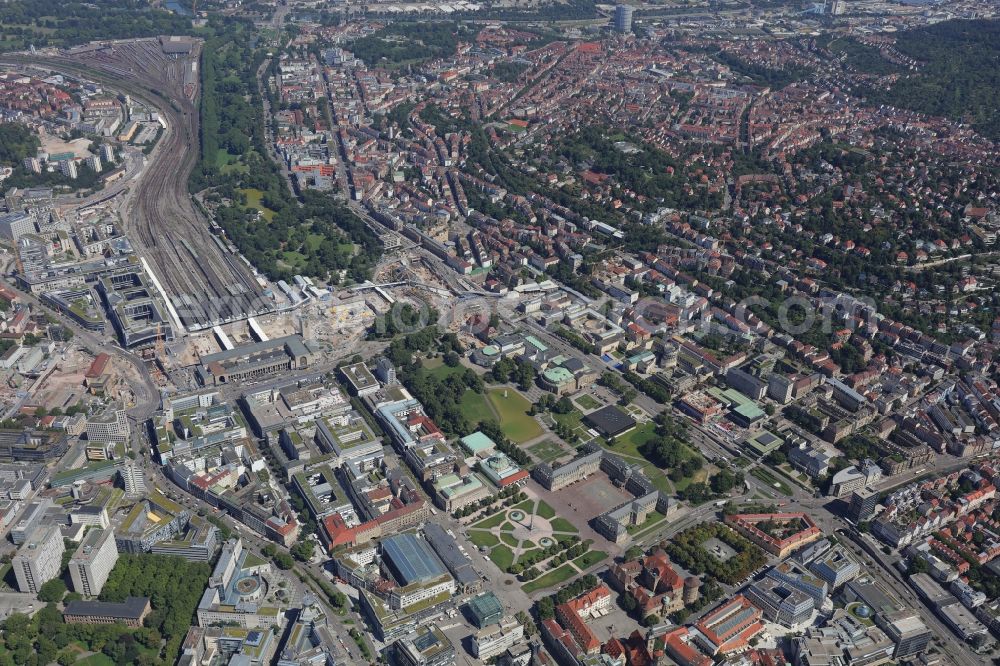 Aerial photograph Stuttgart - City view on down town Construction sites on Central Station in the district Oberer Schlossgarten in Stuttgart in the state Baden-Wurttemberg, Germany