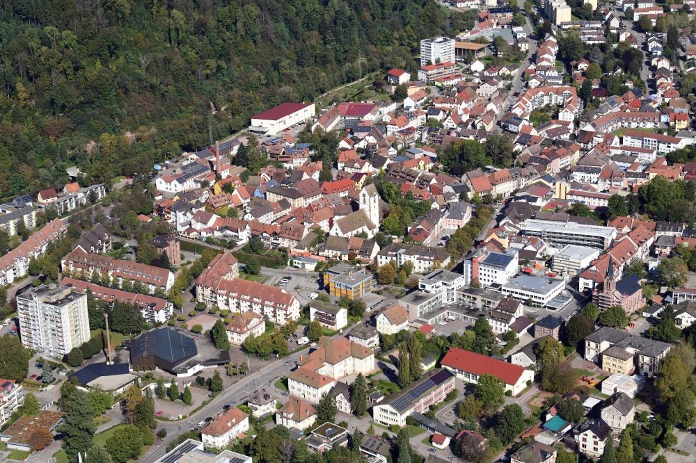 Schopfheim from above - City view on down town at the city hall and old town in Schopfheim in the state Baden-Wurttemberg, Germany
