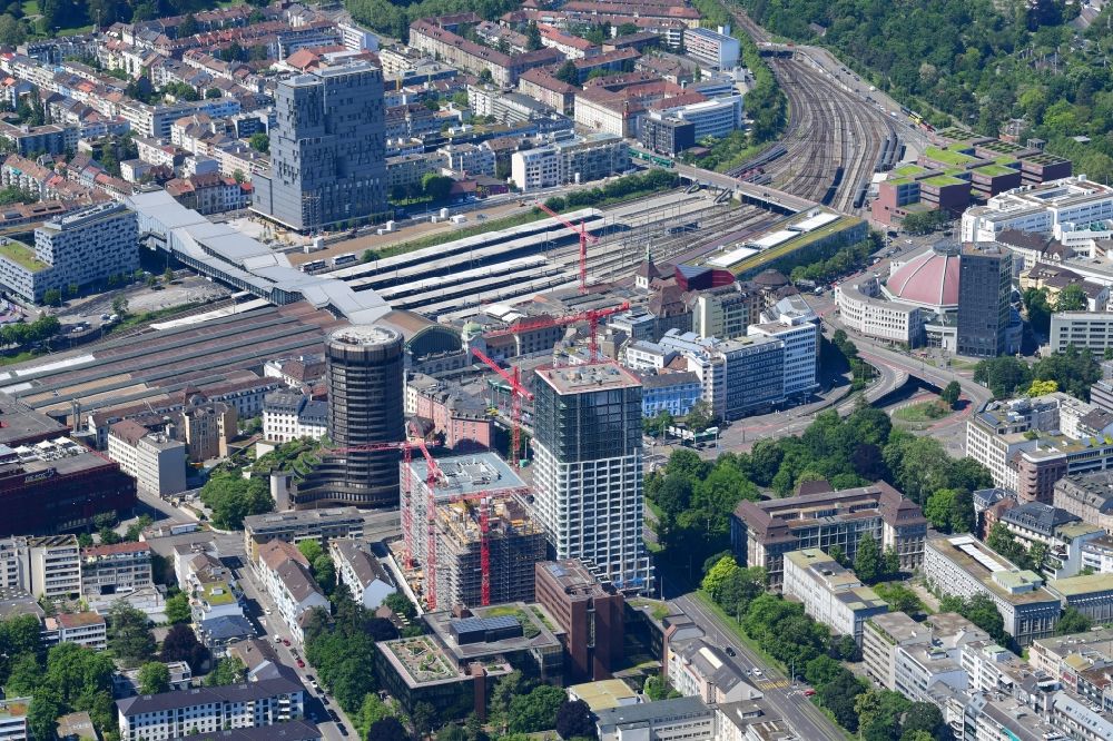 Aerial photograph Basel - City view on down town at the railway Station SBB, the BIS Tower ( Bank for International Settlements ) and the market hall in Basel, Switzerland