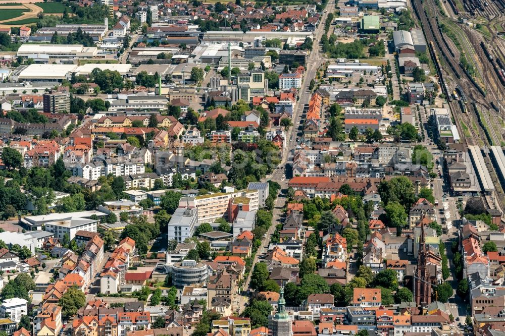 Aerial image Offenburg - City view on down town Bereich Okenstrasse in Offenburg in the state Baden-Wurttemberg, Germany