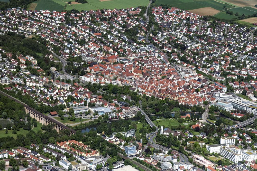 Bietigheim-Bissingen from the bird's eye view: City view on down town with dem Enztalviadukt in Vordergrund in Bietigheim-Bissingen in the state Baden-Wuerttemberg, Germany