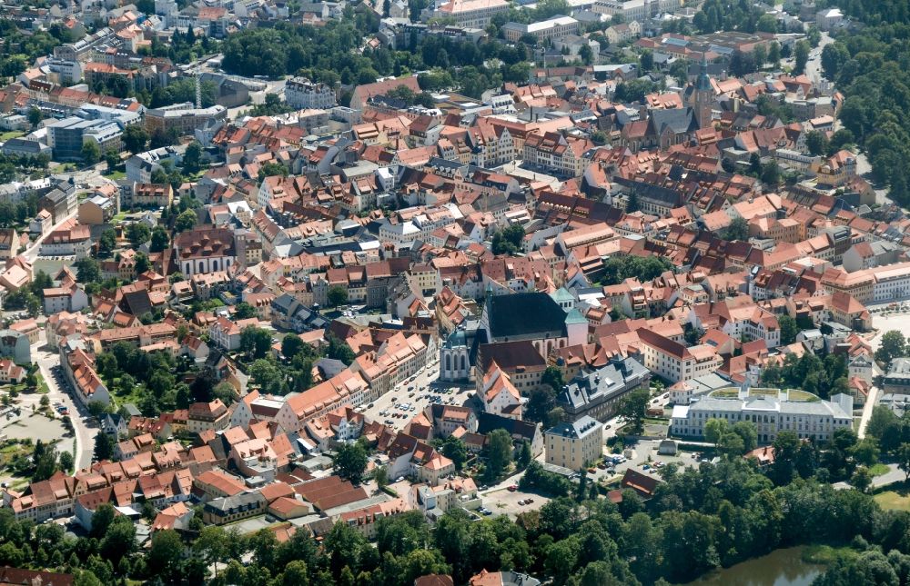 Freiberg from the bird's eye view: City view of the inner-city area and cathedral in Freiberg in the state Saxony. The Cathedral St. Marien is a Lutheran Church in the lower market