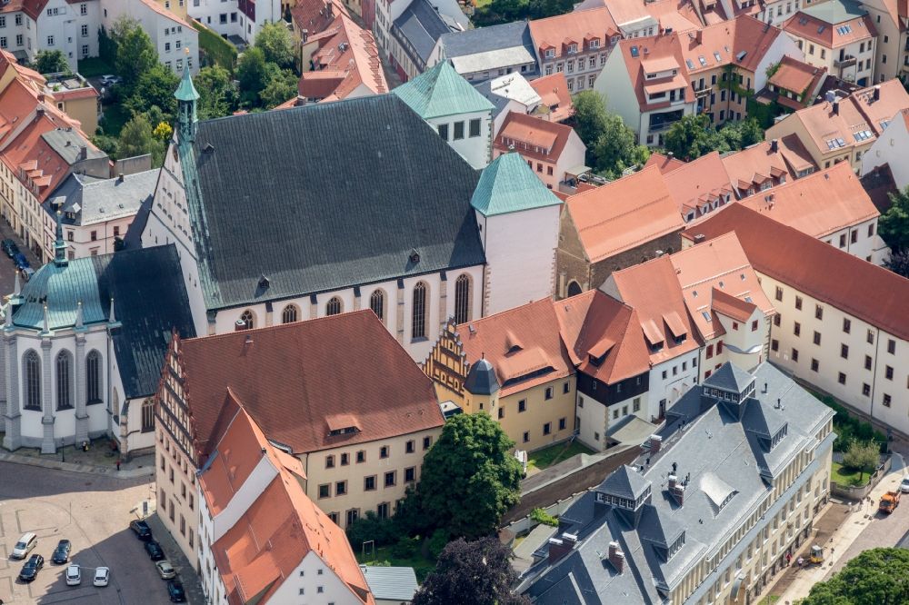 Aerial image Freiberg - City view of the inner-city area and cathedral in Freiberg in the state Saxony. The Cathedral St. Marien is a Lutheran Church in the lower market