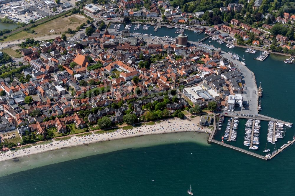 Eckernförde from above - City view of the city area of Eckernfoerde at the coastline of the baltic sea in the state Schleswig-Holstein
