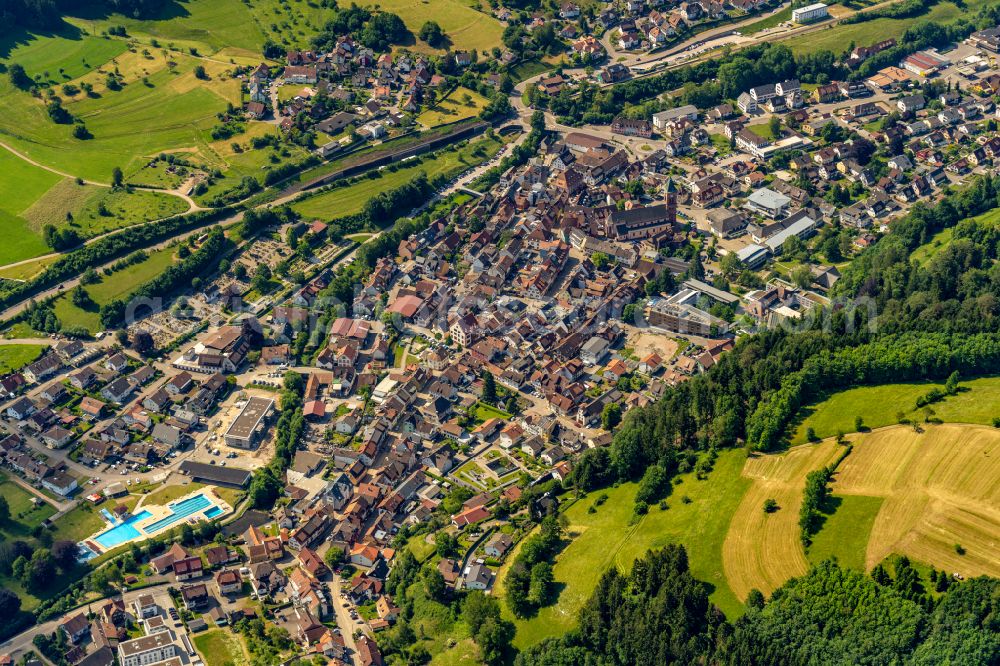 Elzach from above - City view on down town in Elzach in the state Baden-Wuerttemberg, Germany
