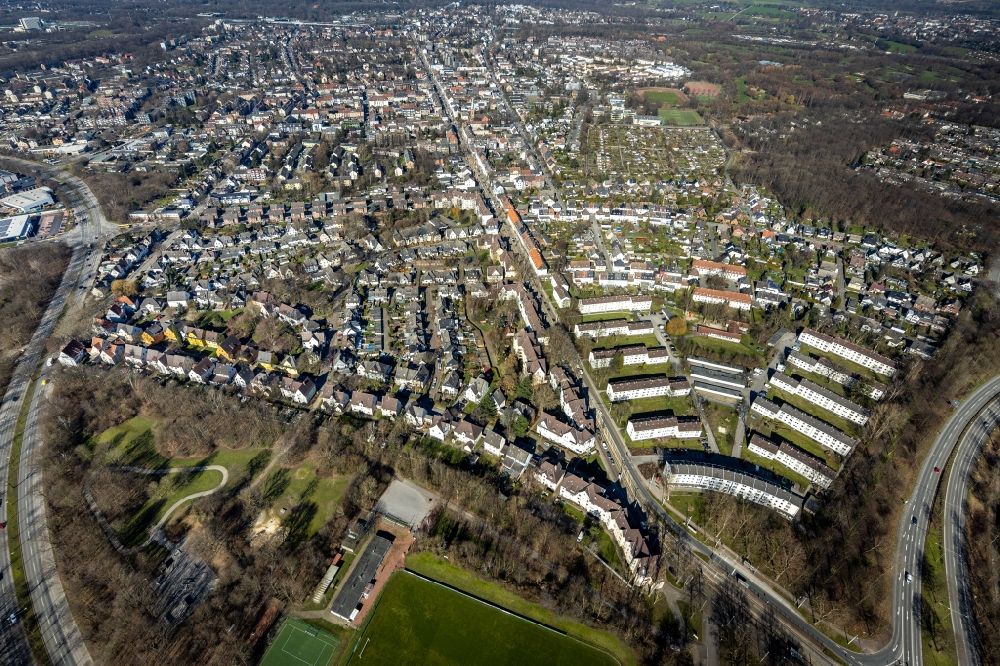Gelsenkirchen from above - City view of the inner city area along the Cranger Strasse in the district Erle in Gelsenkirchen at Ruhrgebiet in the state North Rhine-Westphalia, Germany