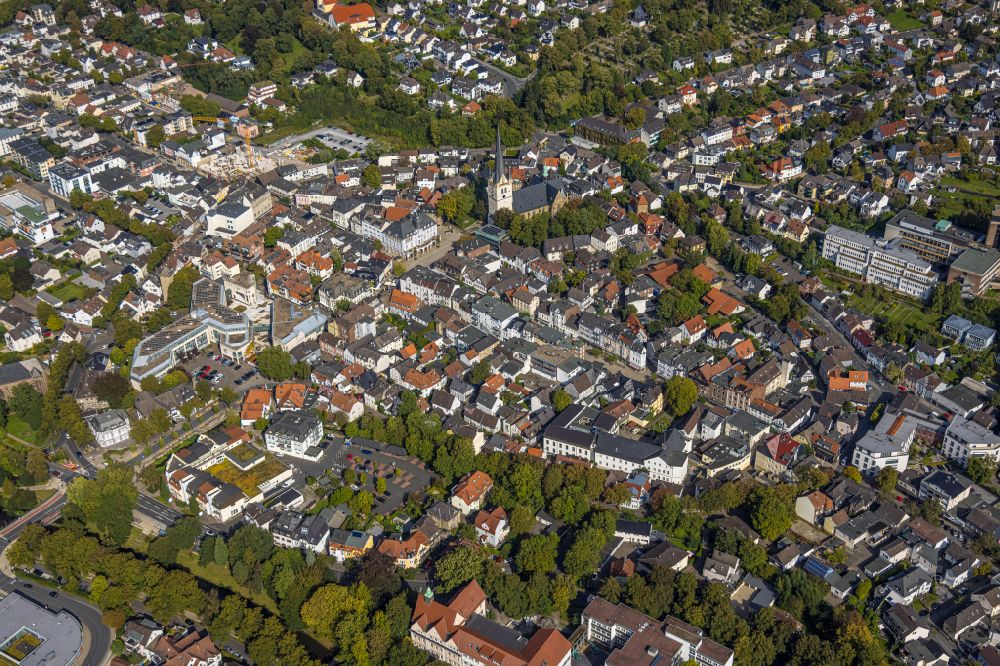 Aerial image Menden (Sauerland) - city view on down town along the main street in Menden (Sauerland) in the state North Rhine-Westphalia, Germany