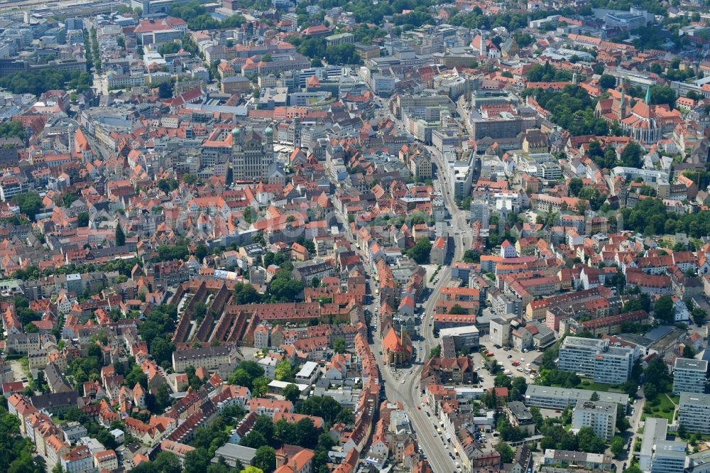 Aerial image Augsburg - City view on down town along the Jakoberstrasse - Pilgerhausstrasse in Augsburg in the state Bavaria, Germany