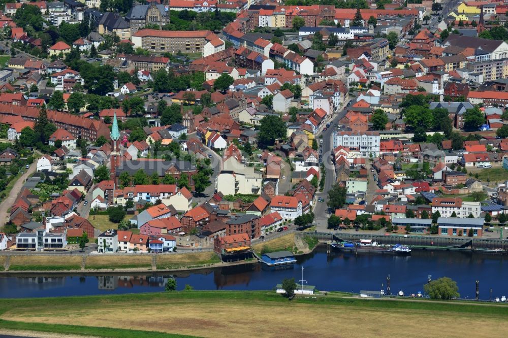 Aerial image Wittenberge - City view of the center of Wittenberge and the river Stepenitz in the state of Brandenburg. The town is the most populated town of the Prignitz region and includes a harbour on Stepenitz river where it meets the river Elbe