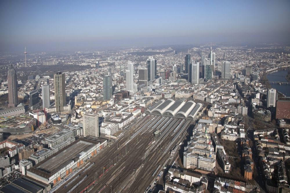 Frankfurt am Main from above - City view of the city area in Frankfurt in the state Hesse. In the center of the image: the main station, behind of it: the towers of the skyline