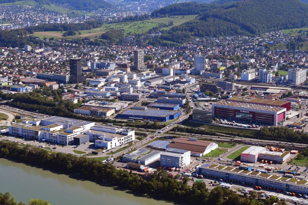 Pratteln from the bird's eye view: City view on down town and industrial area in Pratteln in the canton Basel-Landschaft, Switzerland
