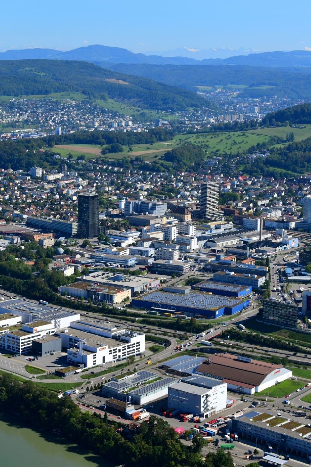 Aerial image Pratteln - City view on down town and industrial area in Pratteln in the canton Basel-Landschaft, Switzerland