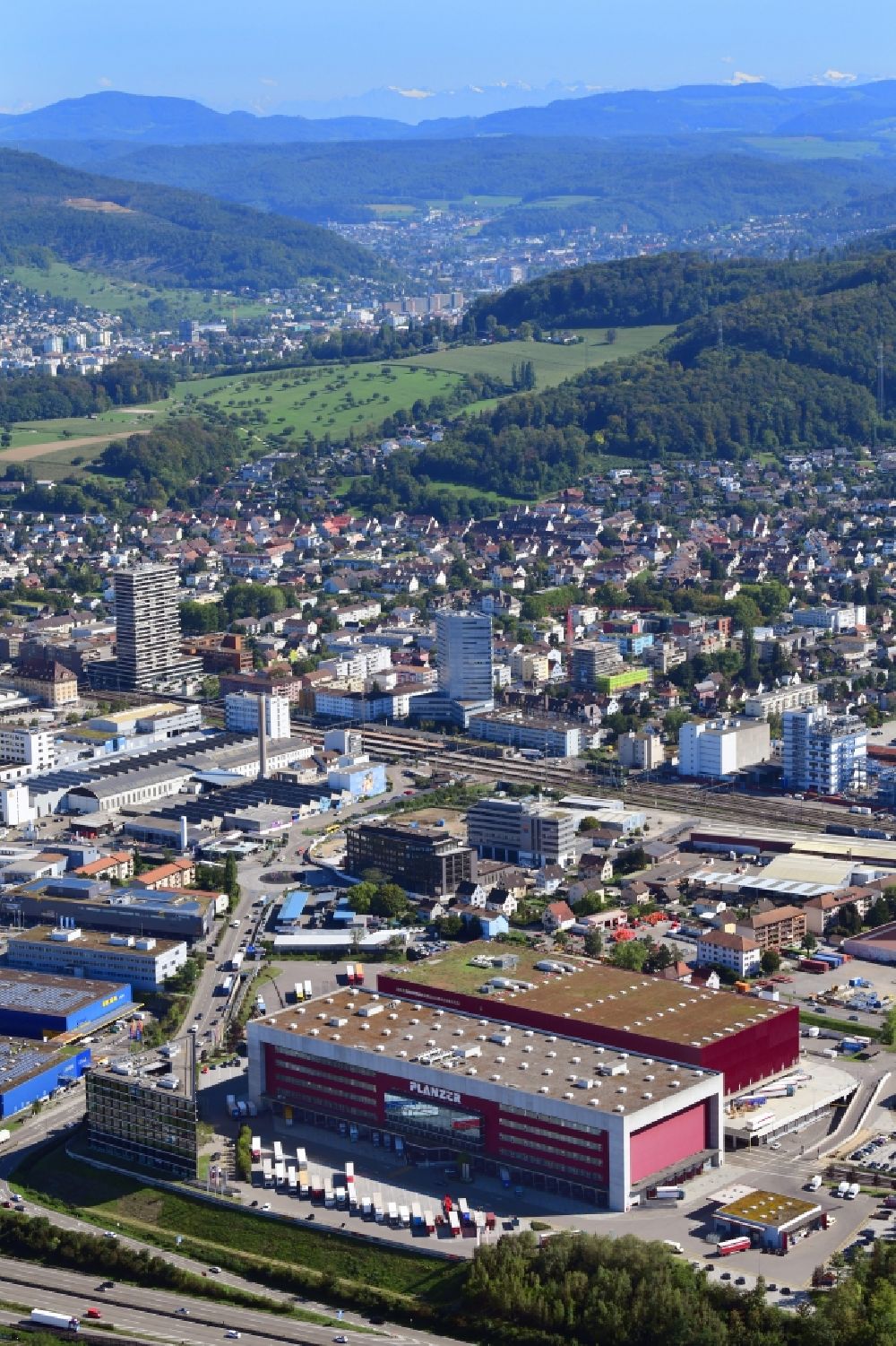 Aerial photograph Pratteln - City view on down town and industrial area in Pratteln in the canton Basel-Landschaft, Switzerland