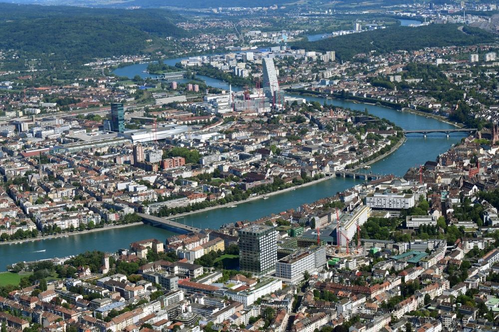 Basel from above - City view on down town Grossbasel at the University area with high-rise building Biocenter in Basle, Switzerland. Looking over the river Rhine to Kleinbasel and the valuable Roche Tower