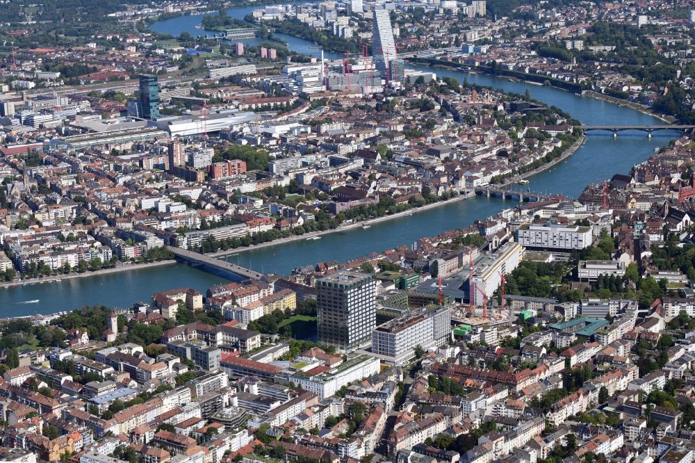 Basel from the bird's eye view: City view on down town Grossbasel at the University area with high-rise building Biocenter in Basle, Switzerland. Looking over the river Rhine to Kleinbasel and the valuable Roche Tower