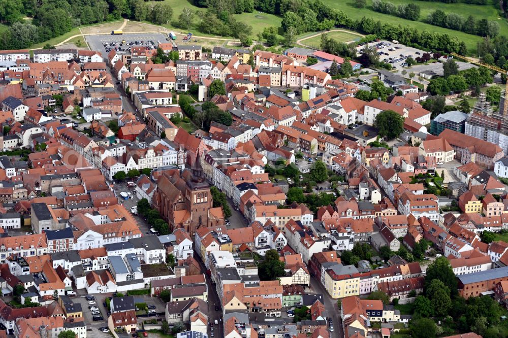 Güstrow from above - City view of the city area of in Guestrow with Castle Guestrow in the state Mecklenburg - Western Pomerania