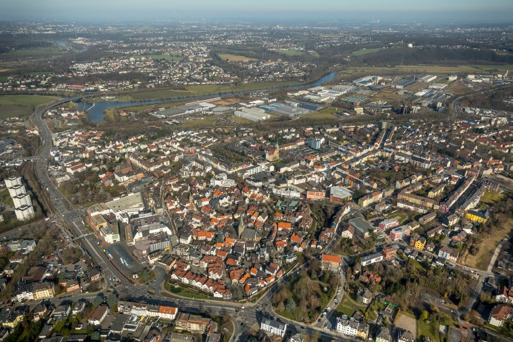 Hattingen from above - City view on down town along the Martin-Luther-Strasse - Schulstrasse in Hattingen in the state North Rhine-Westphalia, Germany