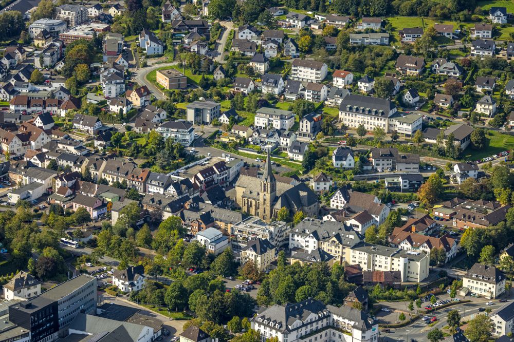 Sundern (Sauerland) from above - City view on down town on Hauptstrasse in Sundern (Sauerland) in the state North Rhine-Westphalia, Germany