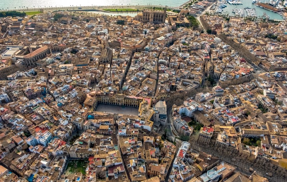 Aerial image Palma - City view of the inner city area with the famous historical place Placa Major in Palma in Balearic Island Mallorca, Spain