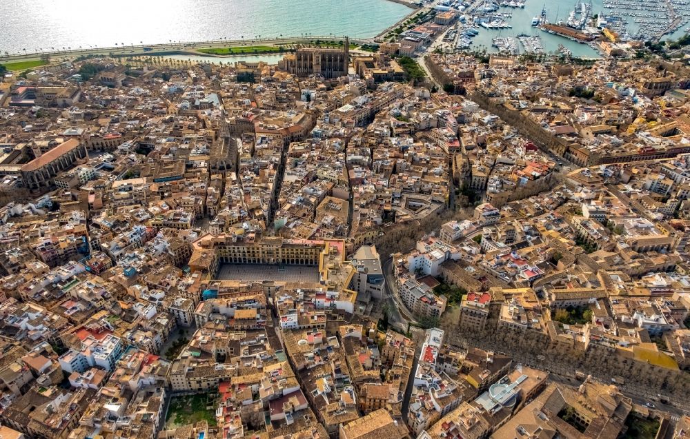 Aerial photograph Palma - City view of the inner city area with the famous historical place Placa Major in Palma in Balearic Island Mallorca, Spain