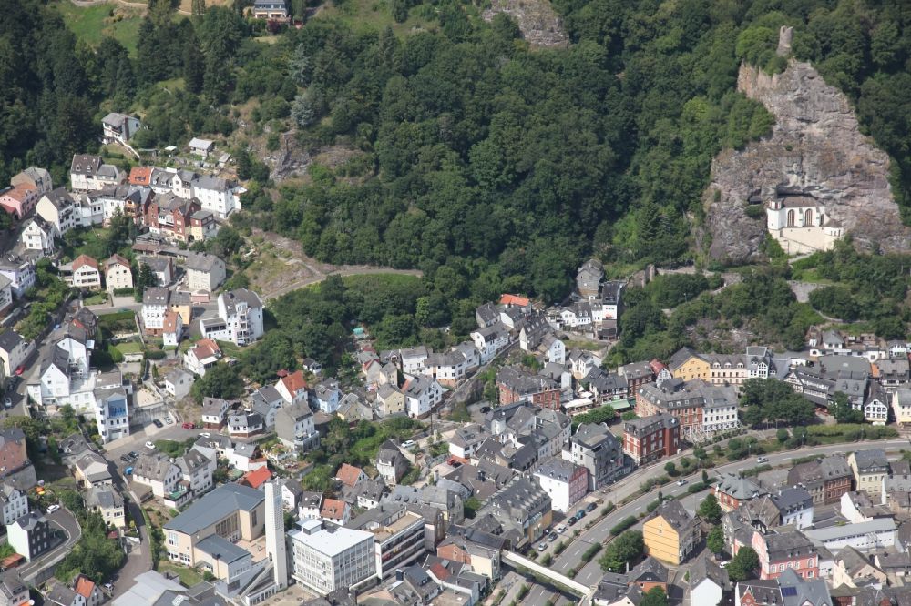 Idar-Oberstein from above - City view of the city area of in Idar-Oberstein in the state Rhineland-Palatinate, Germany. In the slope above the city center the rock church, Felsenkirche, a landmark of the city