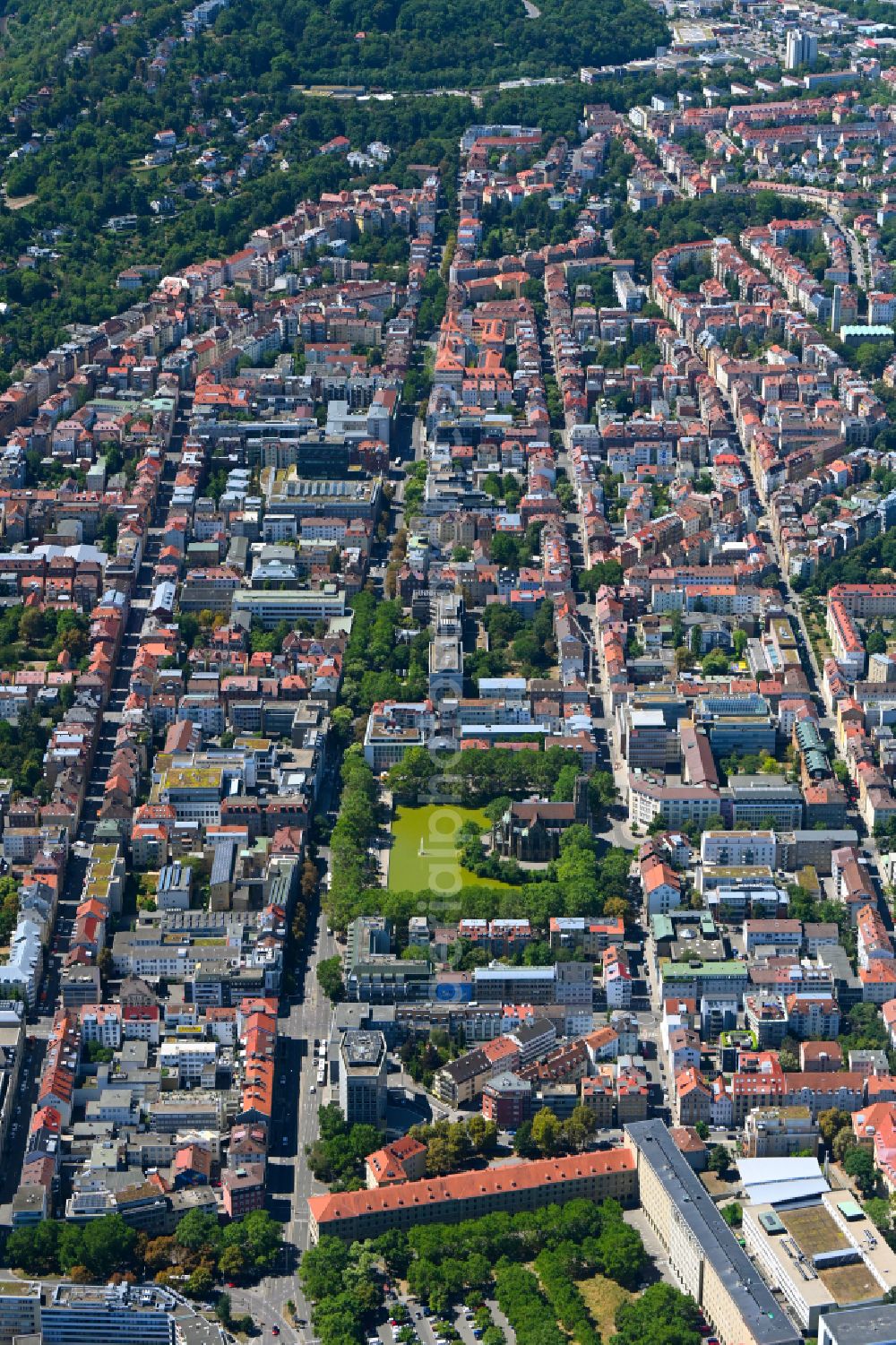 Aerial image Stuttgart - City view on down town with of Johanneskirche on street Gutenbergstrasse in the district Feuersee in Stuttgart in the state Baden-Wuerttemberg, Germany