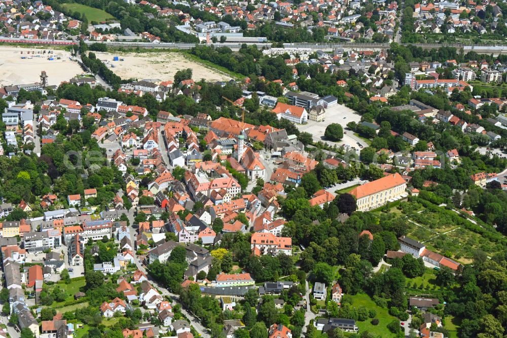 Dachau from above - City view on down town with of katholischen Kirche St. Jakob and the Schloss Dachau in Dachau in the state Bavaria, Germany