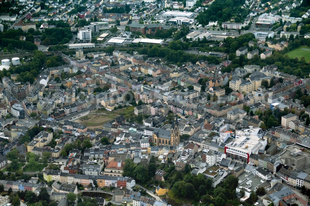 Aerial image Hof - City view of the inner city area with the church St. Marien in Hof in the state Bavaria, Germany