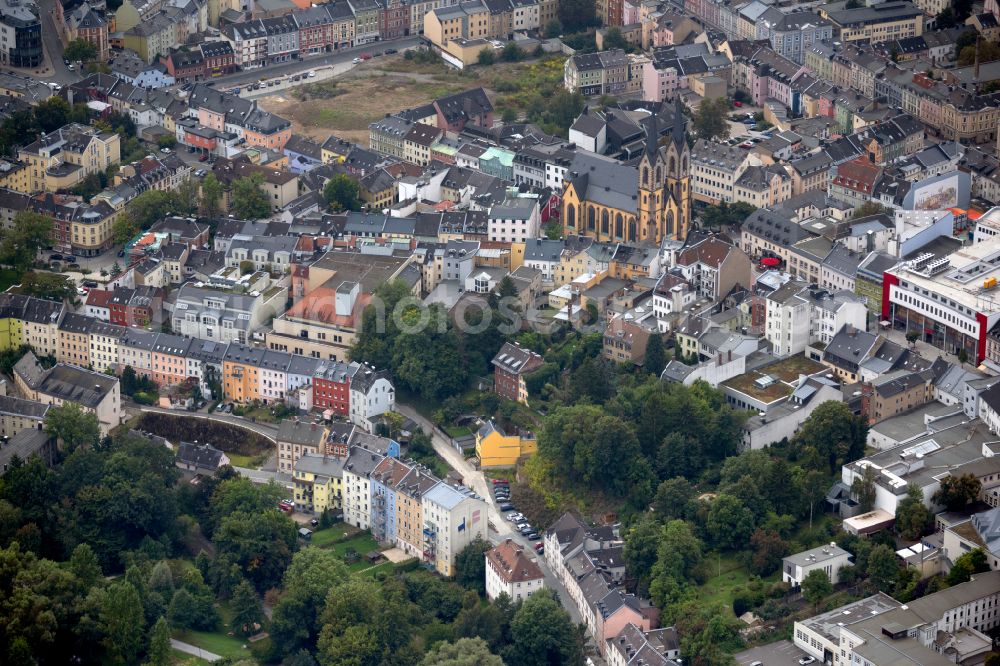 Aerial photograph Hof - City view of the inner city area with the church St. Marien in Hof in the state Bavaria, Germany