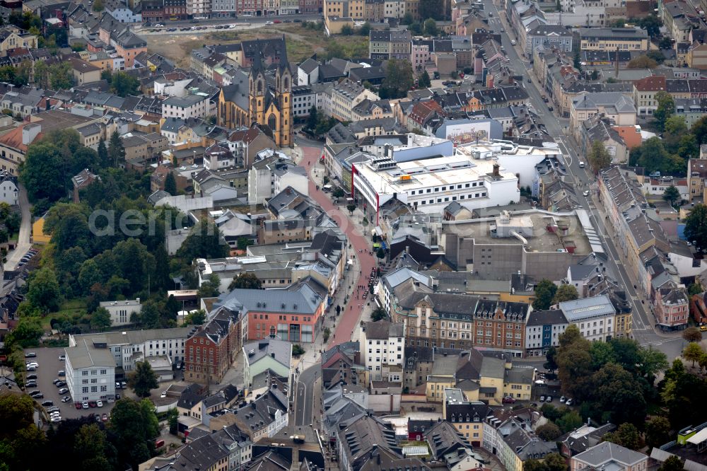 Hof from above - City view of the inner city area with the church St. Marien in Hof in the state Bavaria, Germany