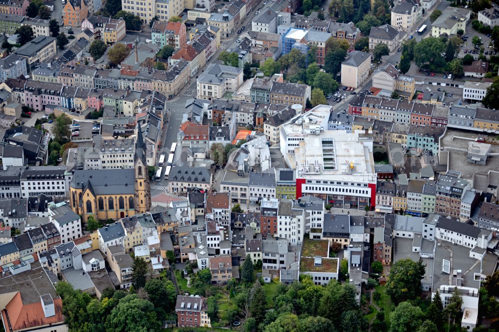 Hof from the bird's eye view: City view of the inner city area with the church St. Marien in Hof in the state Bavaria, Germany