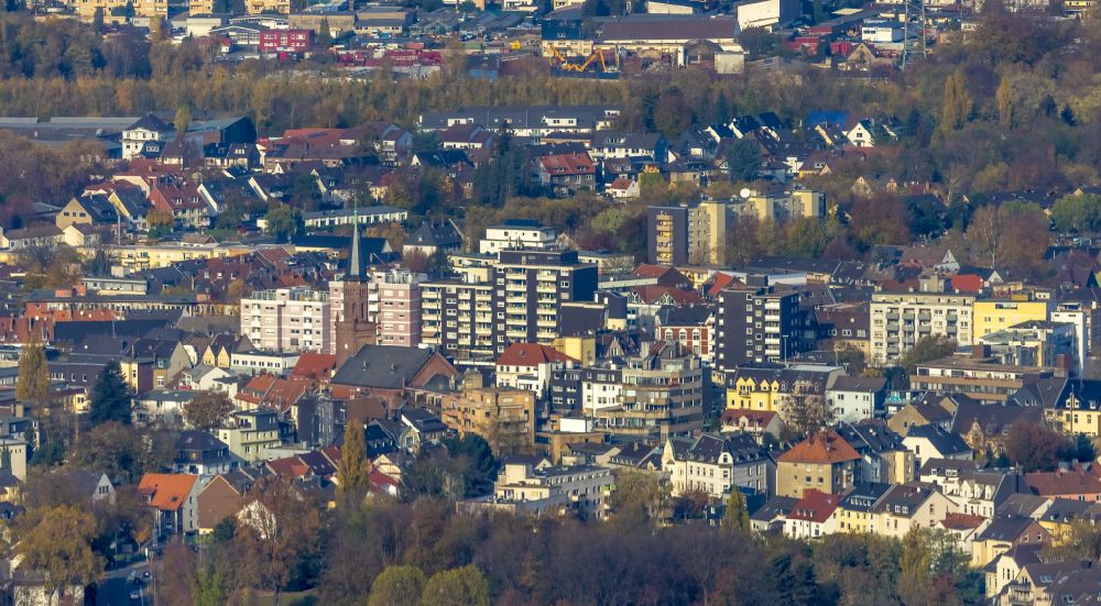 Aerial image Bochum - City view on down town with the church building of the Friedenskirche on place August-Bebel-Platz in the district Wattenscheid in Bochum at Ruhrgebiet in the state North Rhine-Westphalia, Germany