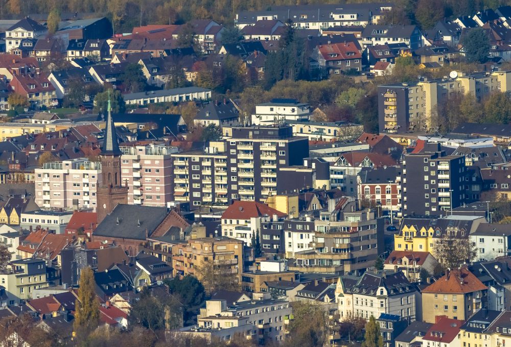 Aerial photograph Bochum - City view on down town with the church building of the Friedenskirche on place August-Bebel-Platz in the district Wattenscheid in Bochum at Ruhrgebiet in the state North Rhine-Westphalia, Germany